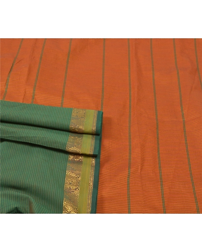 Sanskriti Vintage Indian Sari Blend Cotton Green Woven Sarees Premium Fabric, PS-55925-Green &amp; Orange-Woven Work-Blend Cotton-7
