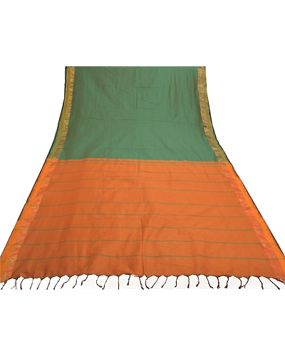 Sanskriti Vintage Indian Sari Blend Cotton Green Woven Sarees Premium Fabric, PS-55925-Green &amp; Orange-Woven Work-Blend Cotton-8