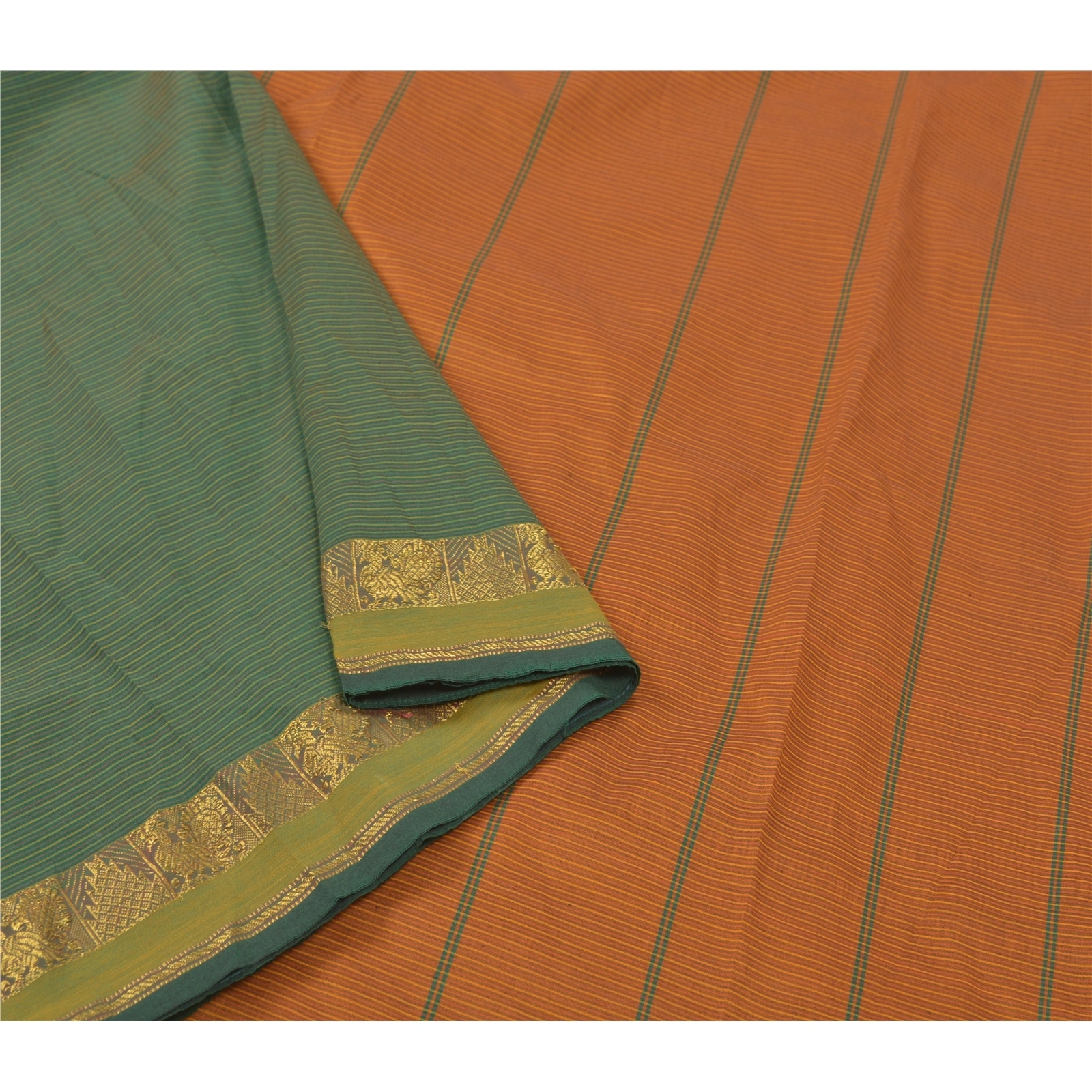 Sanskriti Vintage Indian Sari Blend Cotton Green Woven Sarees Premium Fabric, PS-55925-Green &amp; Orange-Woven Work-Blend Cotton-9