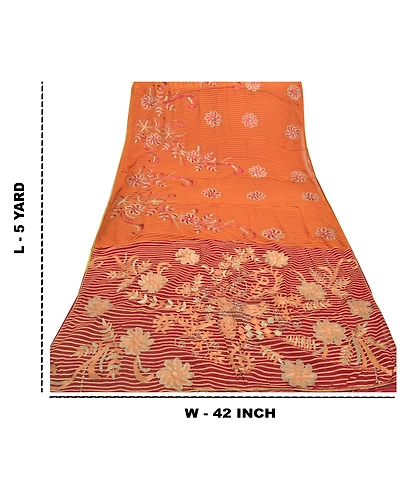 Sanskriti Vintage Sari Blend Georgette Hand Embroidered Premium Sarees Fabric, PS-55953-Dark Red &amp; Saffron-Zari Work-Blend Georgette-1