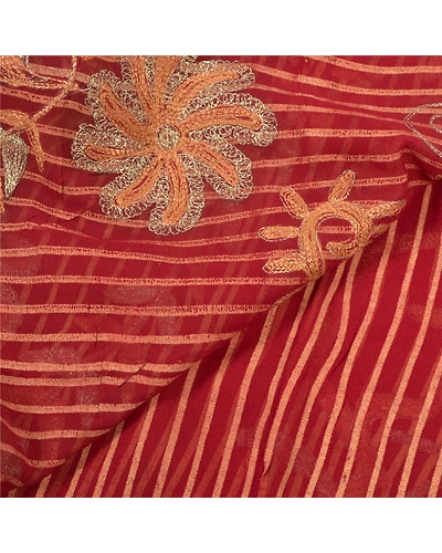 Sanskriti Vintage Sari Blend Georgette Hand Embroidered Premium Sarees Fabric, PS-55953-Dark Red &amp; Saffron-Zari Work-Blend Georgette-2