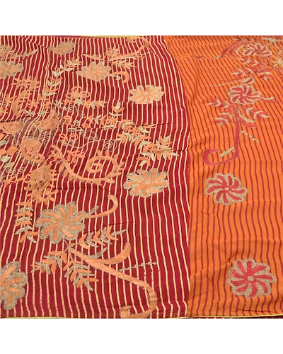 Sanskriti Vintage Sari Blend Georgette Hand Embroidered Premium Sarees Fabric, PS-55953-Dark Red &amp; Saffron-Zari Work-Blend Georgette-3