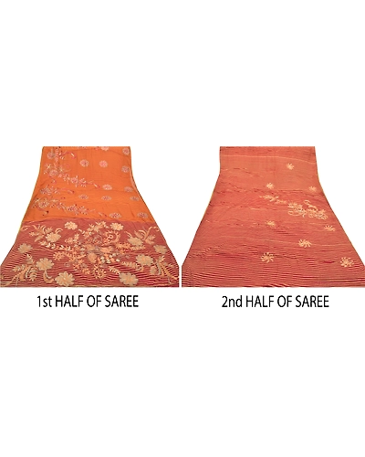 Sanskriti Vintage Sari Blend Georgette Hand Embroidered Premium Sarees Fabric, PS-55953-Dark Red &amp; Saffron-Zari Work-Blend Georgette-5