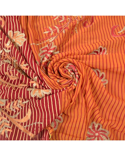 Sanskriti Vintage Sari Blend Georgette Hand Embroidered Premium Sarees Fabric, PS-55953-Dark Red &amp; Saffron-Zari Work-Blend Georgette-6