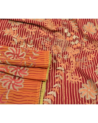 Sanskriti Vintage Sari Blend Georgette Hand Embroidered Premium Sarees Fabric, PS-55953-Dark Red &amp; Saffron-Zari Work-Blend Georgette-7