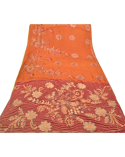 Sanskriti Vintage Sari Blend Georgette Hand Embroidered Premium Sarees Fabric, PS-55953-Dark Red &amp; Saffron-Zari Work-Blend Georgette-8