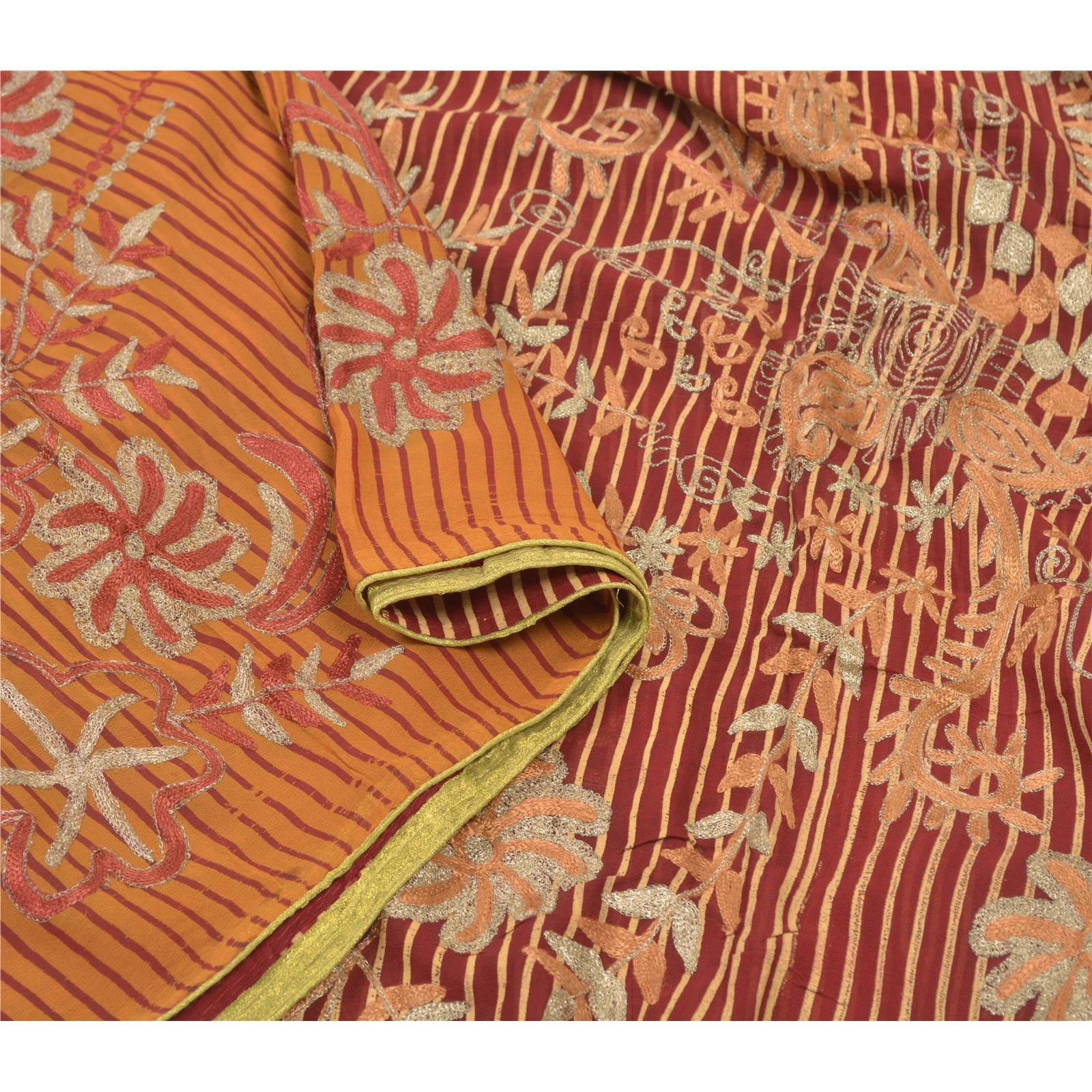 Sanskriti Vintage Sari Blend Georgette Hand Embroidered Premium Sarees Fabric, PS-55953-Dark Red &amp; Saffron-Zari Work-Blend Georgette-9