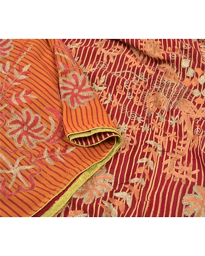 Sanskriti Vintage Sari Blend Georgette Hand Embroidered Premium Sarees Fabric, PS-55953-Dark Red &amp; Saffron-Zari Work-Blend Georgette-9