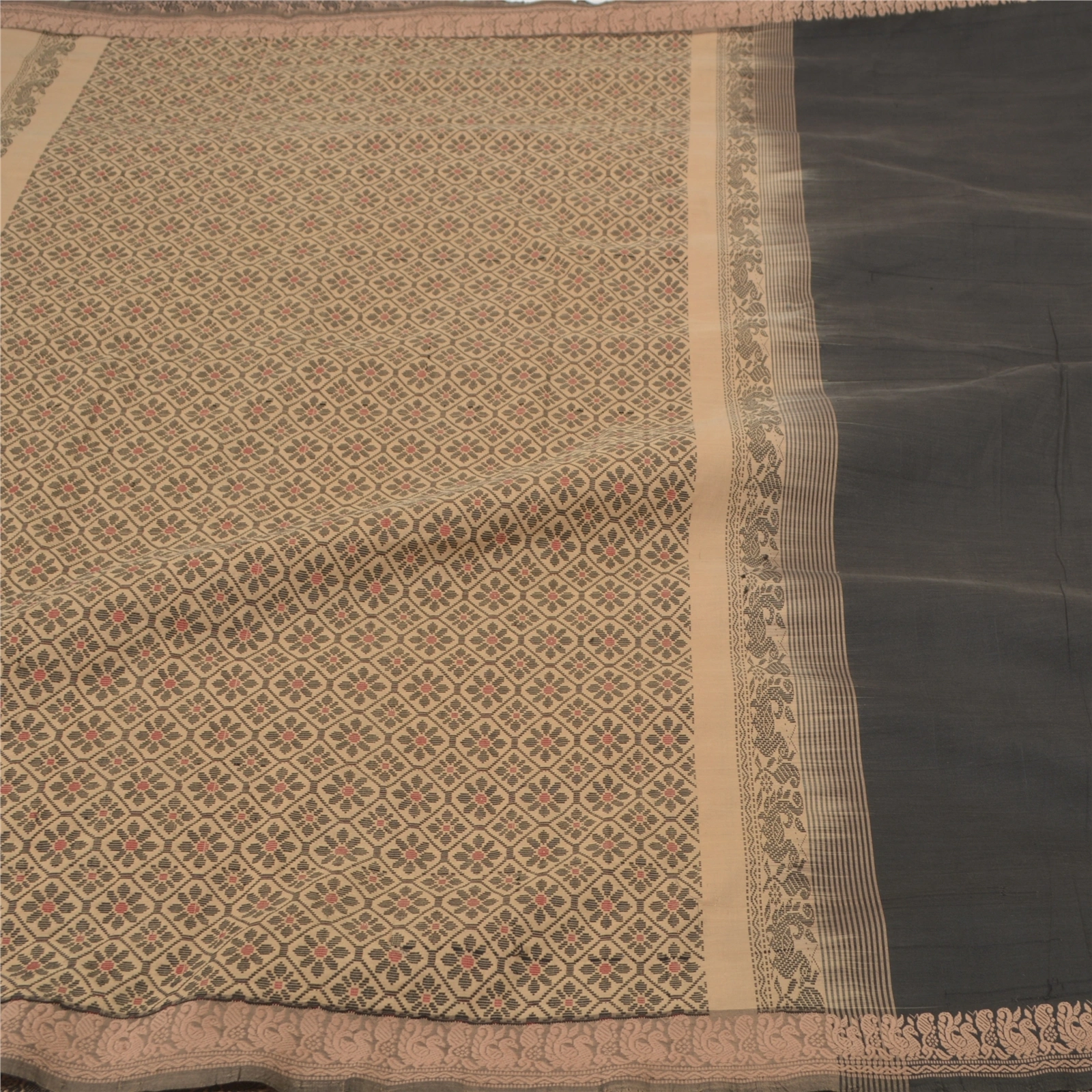 Sanskriti Vintage Black Sarees Blend Cotton Woven Chetinard Peacock Sari Fabric, PS-56007-Black &amp; Beige-Woven Work-Blend Cotton-4