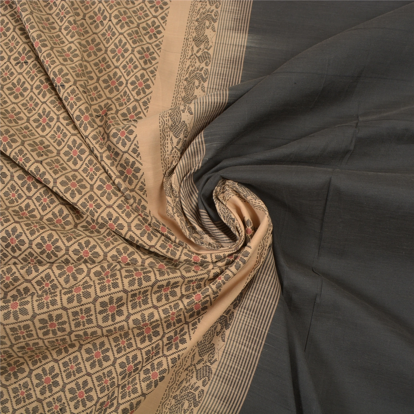 Sanskriti Vintage Black Sarees Blend Cotton Woven Chetinard Peacock Sari Fabric, PS-56007-Black &amp; Beige-Woven Work-Blend Cotton-7