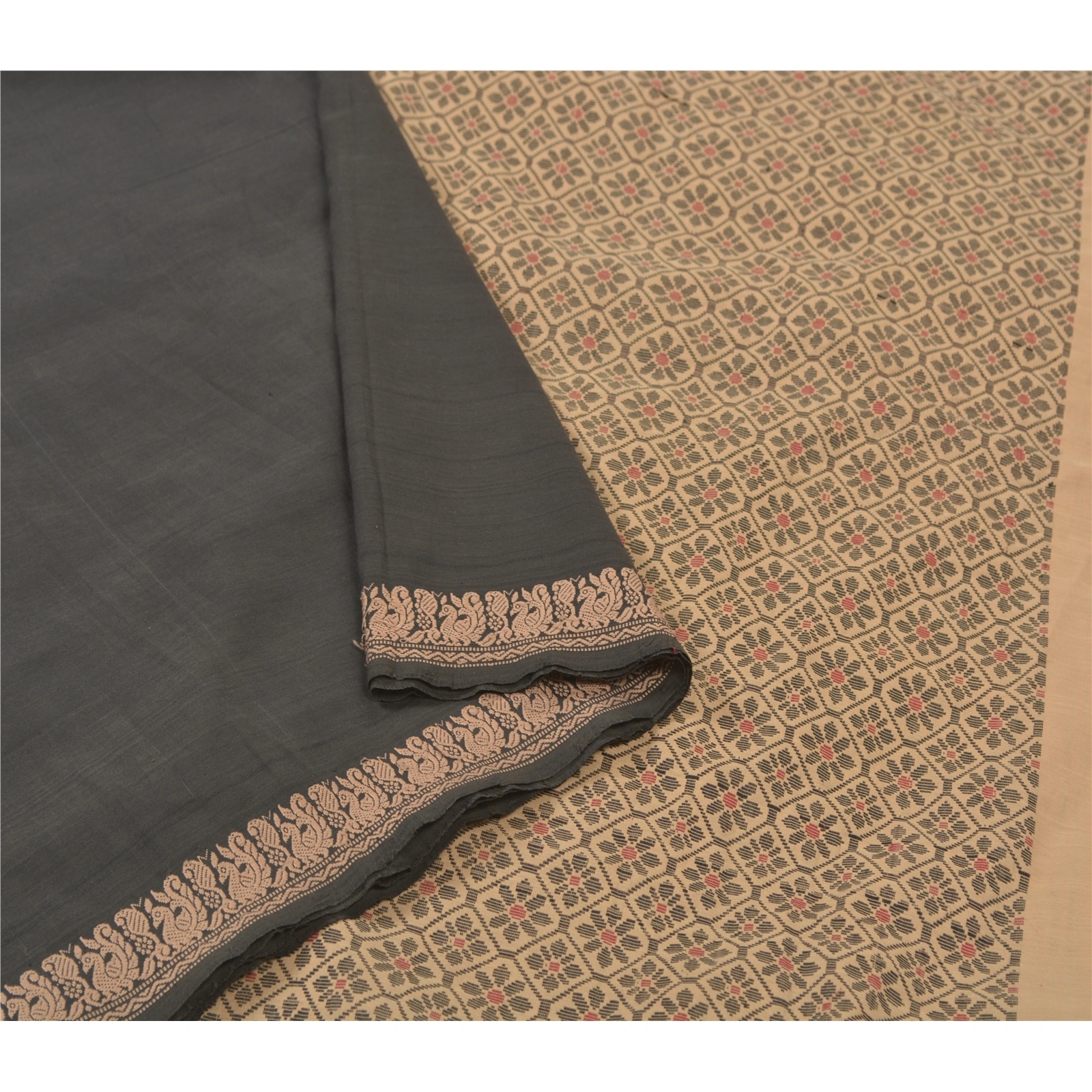 Sanskriti Vintage Black Sarees Blend Cotton Woven Chetinard Peacock Sari Fabric, PS-56007-Black &amp; Beige-Woven Work-Blend Cotton-10