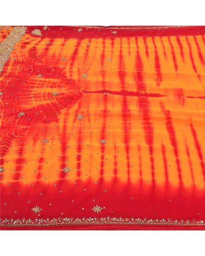 Sanskriti Vintage Yellow Sarees Georgette Handmade Leheria Sari Premium Fabric, PS-56074-Yellow &amp; Red-Dabka Work-Georgette-3