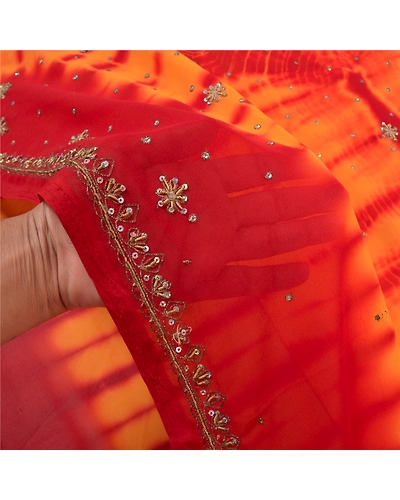 Sanskriti Vintage Yellow Sarees Georgette Handmade Leheria Sari Premium Fabric, PS-56074-Yellow &amp; Red-Dabka Work-Georgette-4