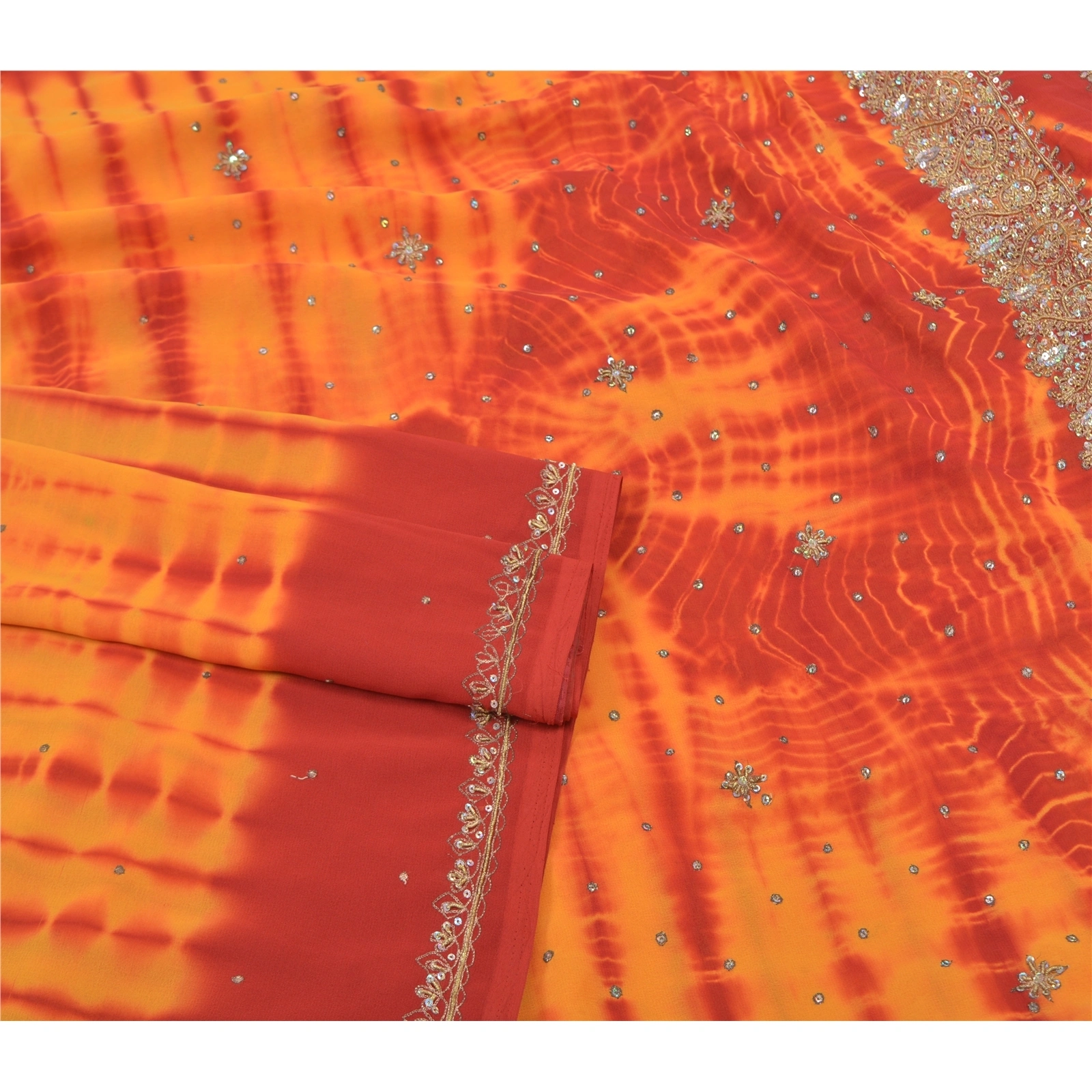 Sanskriti Vintage Yellow Sarees Georgette Handmade Leheria Sari Premium Fabric, PS-56074-Yellow &amp; Red-Dabka Work-Georgette-7