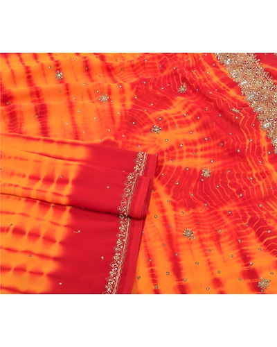 Sanskriti Vintage Yellow Sarees Georgette Handmade Leheria Sari Premium Fabric, PS-56074-Yellow &amp; Red-Dabka Work-Georgette-7