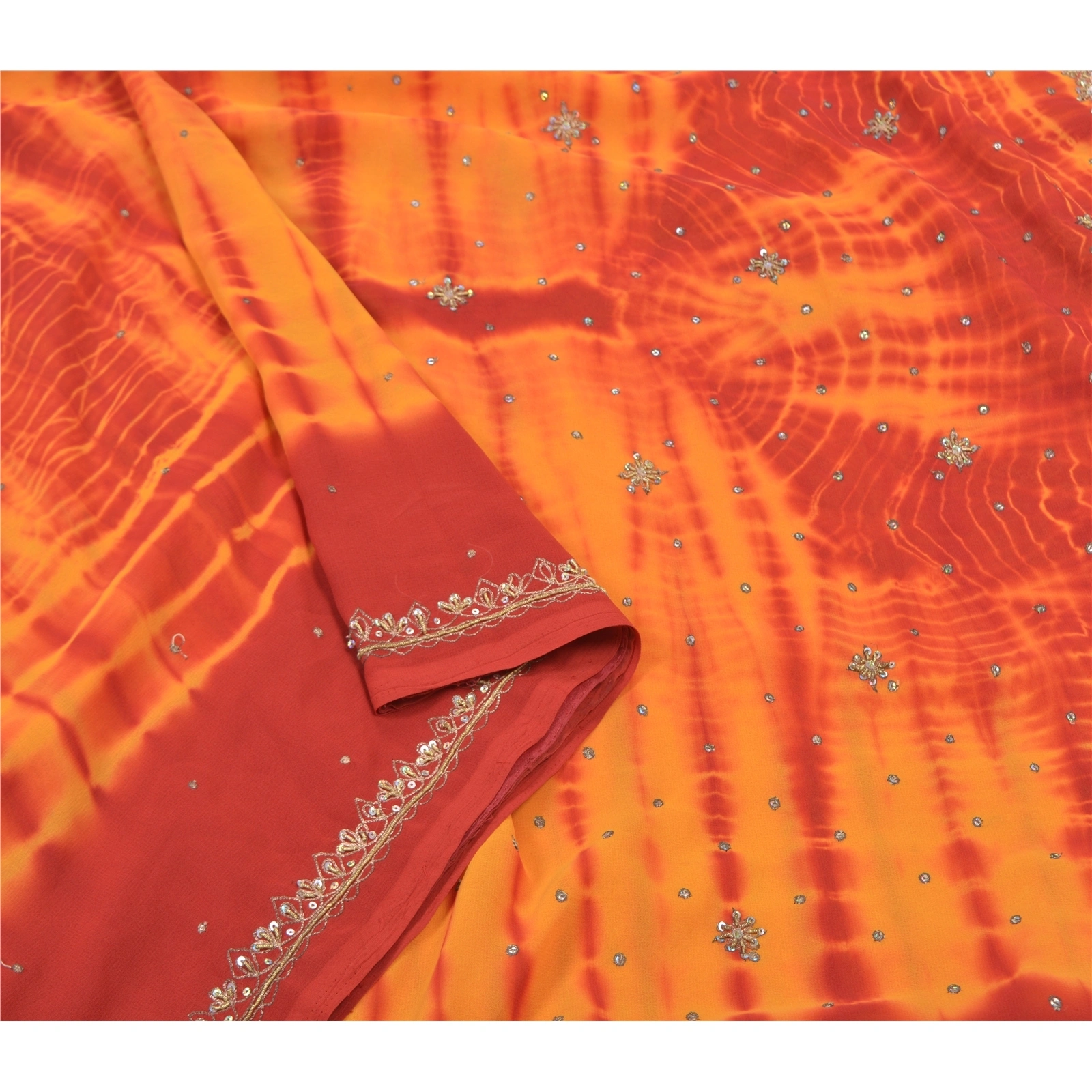 Sanskriti Vintage Yellow Sarees Georgette Handmade Leheria Sari Premium Fabric, PS-56074-Yellow &amp; Red-Dabka Work-Georgette-9