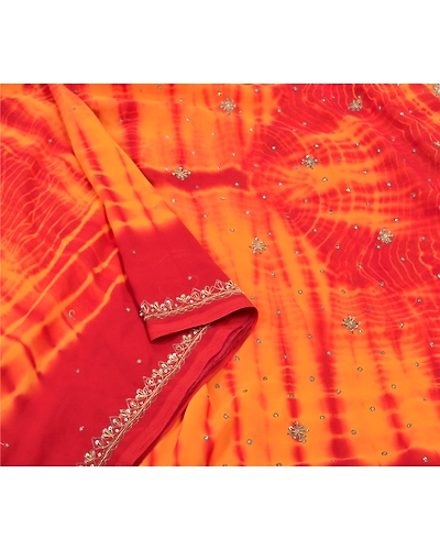 Sanskriti Vintage Yellow Sarees Georgette Handmade Leheria Sari Premium Fabric, PS-56074-Yellow &amp; Red-Dabka Work-Georgette-9