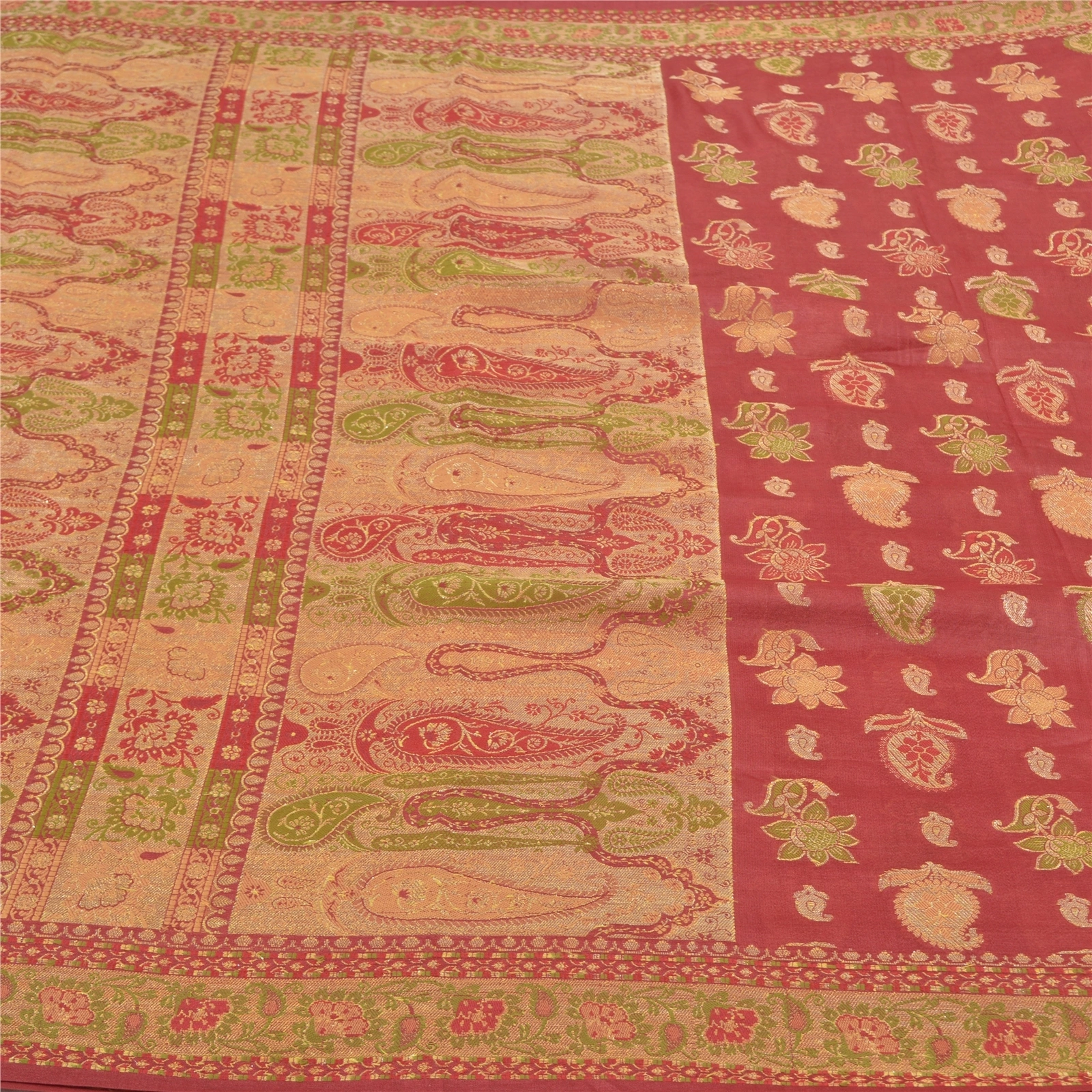 Sanskriti Vintage Red Indian Sari Pure Silk Woven Premium Sarees Craft Fabric, PS-56108-Red-Woven Work-100% Pure Silk-3