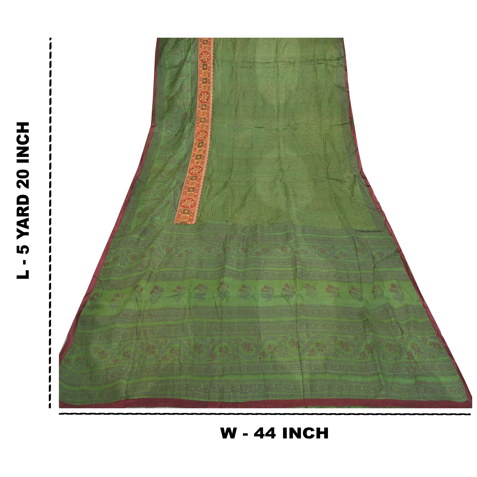 Sanskriti Vintage Green Sarees Pure Silk Block Print Premium Sari 5 Yard Fabric, PS-56145-Green-Block Printed Work-100% Pure Silk-1