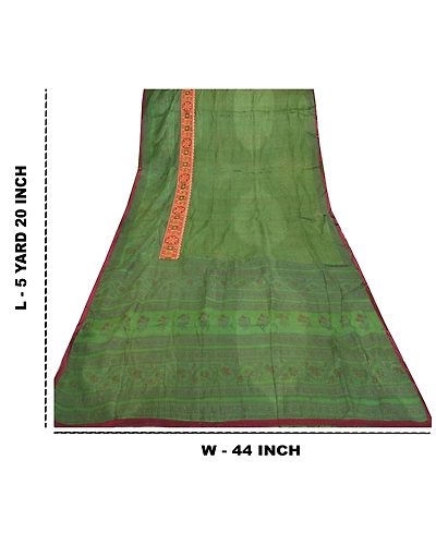 Sanskriti Vintage Green Sarees Pure Silk Block Print Premium Sari 5 Yard Fabric, PS-56145-Green-Block Printed Work-100% Pure Silk-1