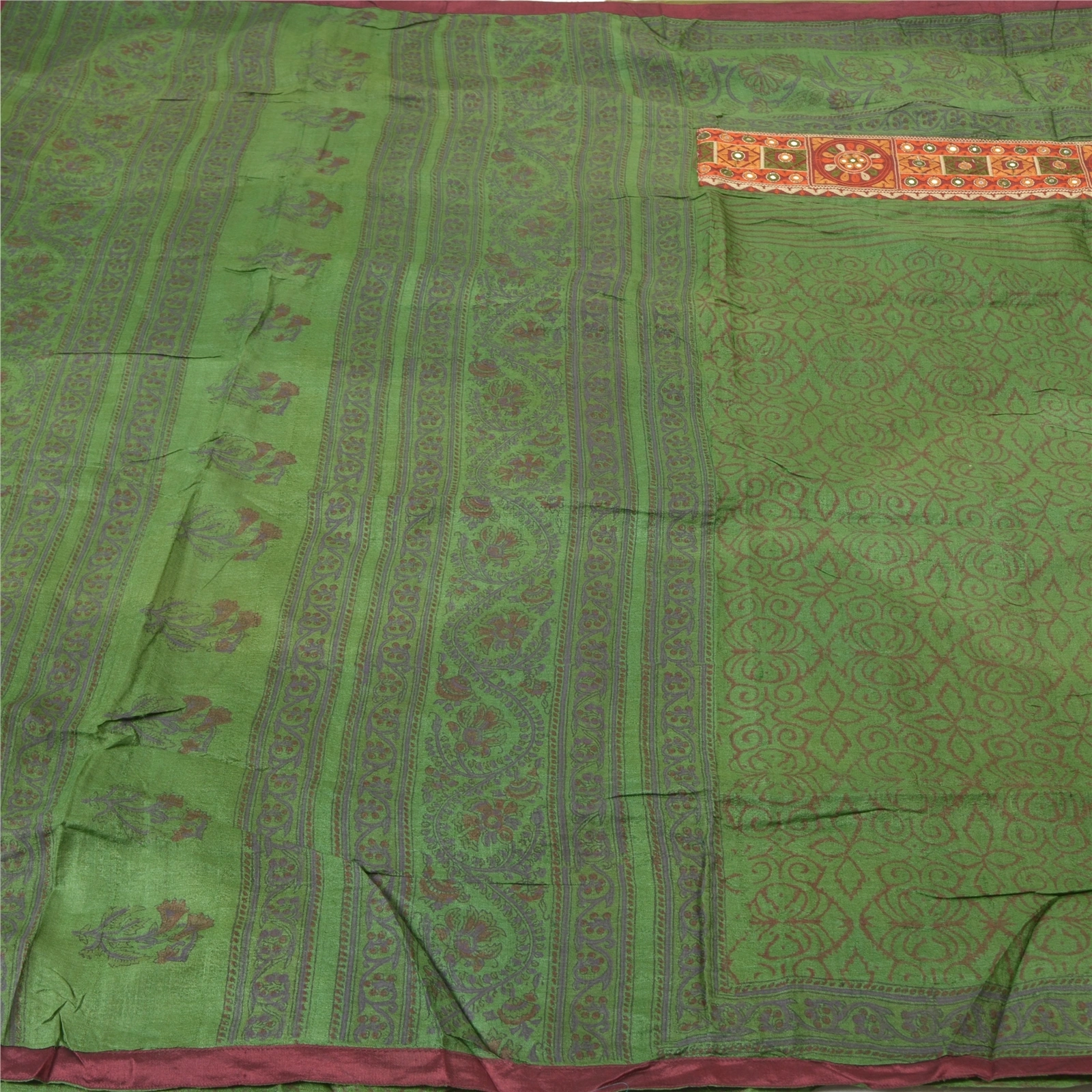 Sanskriti Vintage Green Sarees Pure Silk Block Print Premium Sari 5 Yard Fabric, PS-56145-Green-Block Printed Work-100% Pure Silk-3