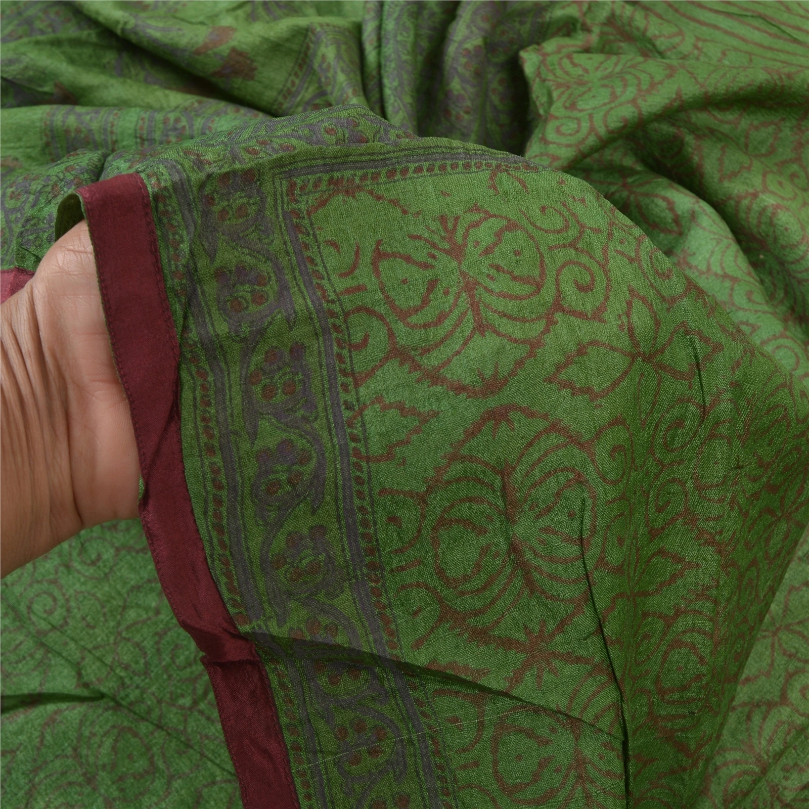 Sanskriti Vintage Green Sarees Pure Silk Block Print Premium Sari 5 Yard Fabric, PS-56145-Green-Block Printed Work-100% Pure Silk-4