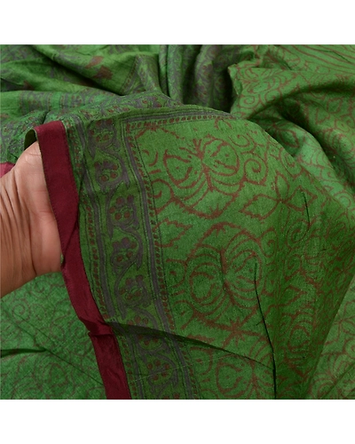Sanskriti Vintage Green Sarees Pure Silk Block Print Premium Sari 5 Yard Fabric, PS-56145-Green-Block Printed Work-100% Pure Silk-4