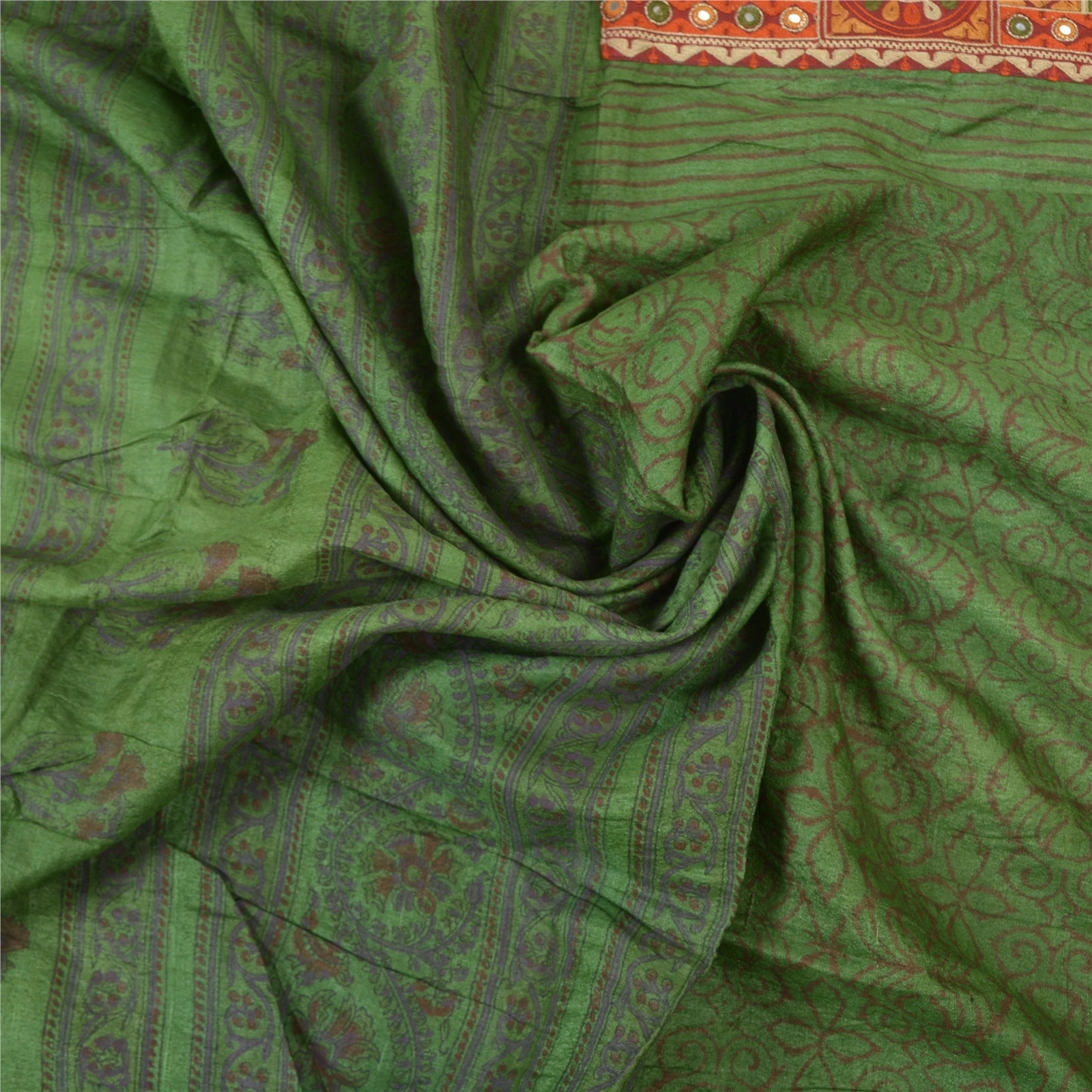 Sanskriti Vintage Green Sarees Pure Silk Block Print Premium Sari 5 Yard Fabric, PS-56145-Green-Block Printed Work-100% Pure Silk-6