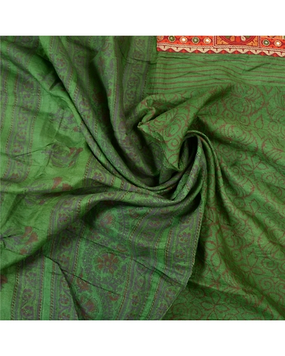 Sanskriti Vintage Green Sarees Pure Silk Block Print Premium Sari 5 Yard Fabric, PS-56145-Green-Block Printed Work-100% Pure Silk-6