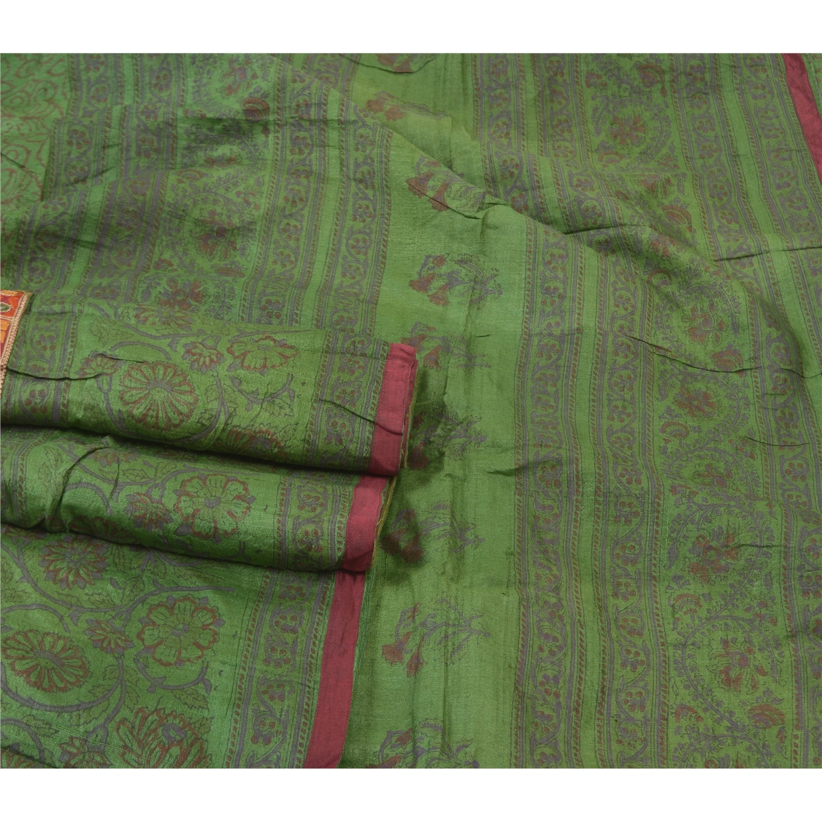 Sanskriti Vintage Green Sarees Pure Silk Block Print Premium Sari 5 Yard Fabric, PS-56145-Green-Block Printed Work-100% Pure Silk-7