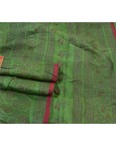 Sanskriti Vintage Green Sarees Pure Silk Block Print Premium Sari 5 Yard Fabric, PS-56145-Green-Block Printed Work-100% Pure Silk-7