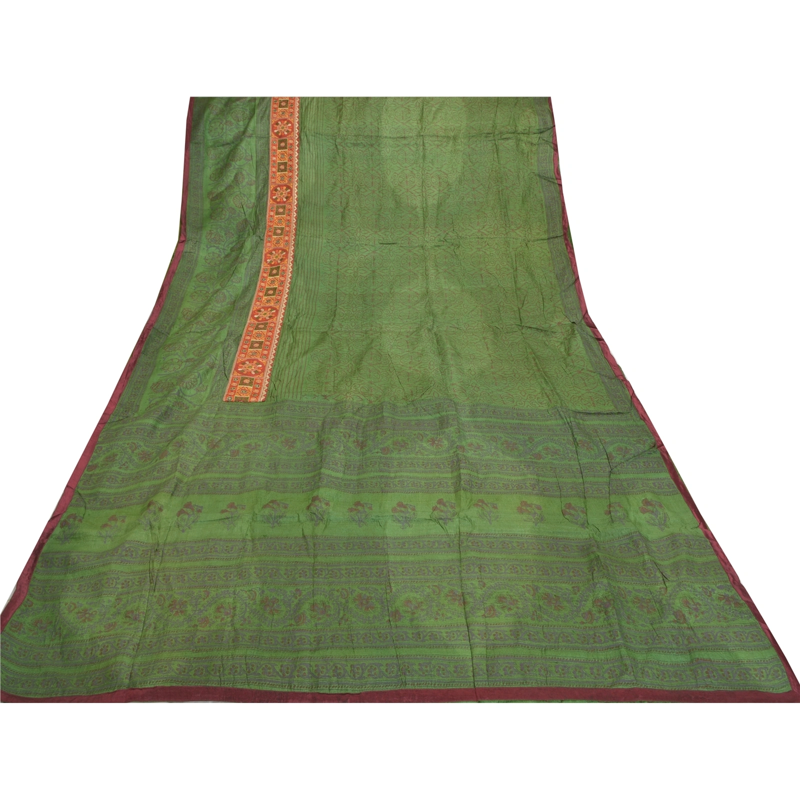 Sanskriti Vintage Green Sarees Pure Silk Block Print Premium Sari 5 Yard Fabric, PS-56145-Green-Block Printed Work-100% Pure Silk-8