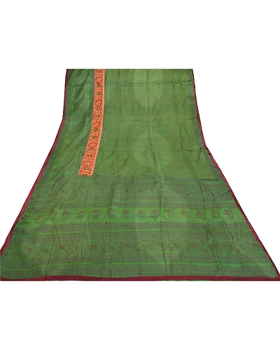 Sanskriti Vintage Green Sarees Pure Silk Block Print Premium Sari 5 Yard Fabric, PS-56145-Green-Block Printed Work-100% Pure Silk-8
