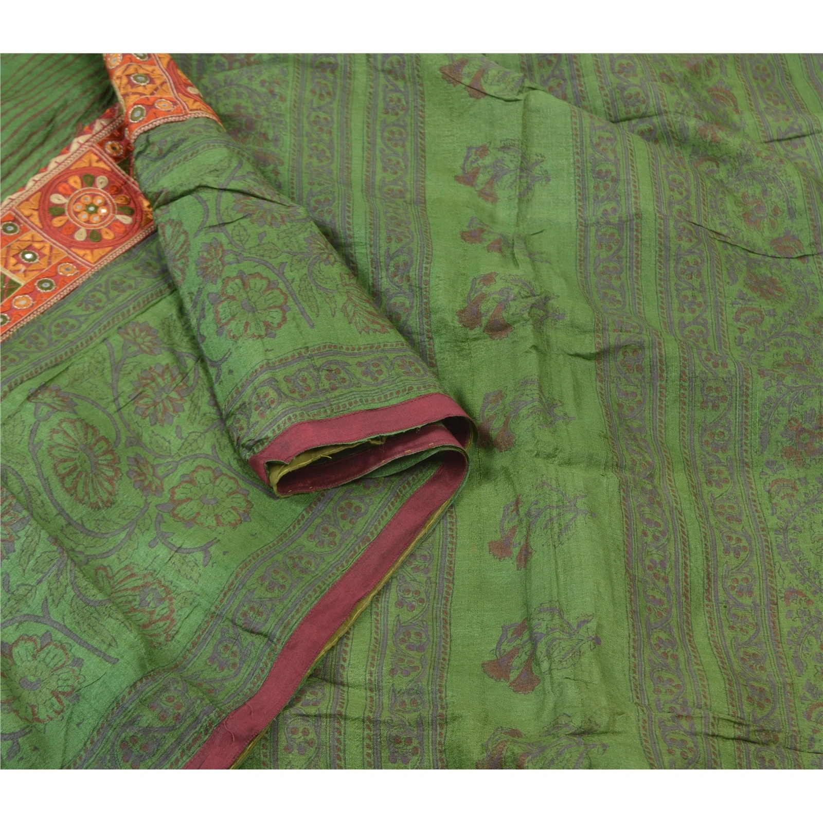 Sanskriti Vintage Green Sarees Pure Silk Block Print Premium Sari 5 Yard Fabric, PS-56145-Green-Block Printed Work-100% Pure Silk-9