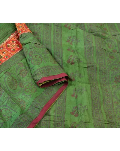 Sanskriti Vintage Green Sarees Pure Silk Block Print Premium Sari 5 Yard Fabric, PS-56145-Green-Block Printed Work-100% Pure Silk-9