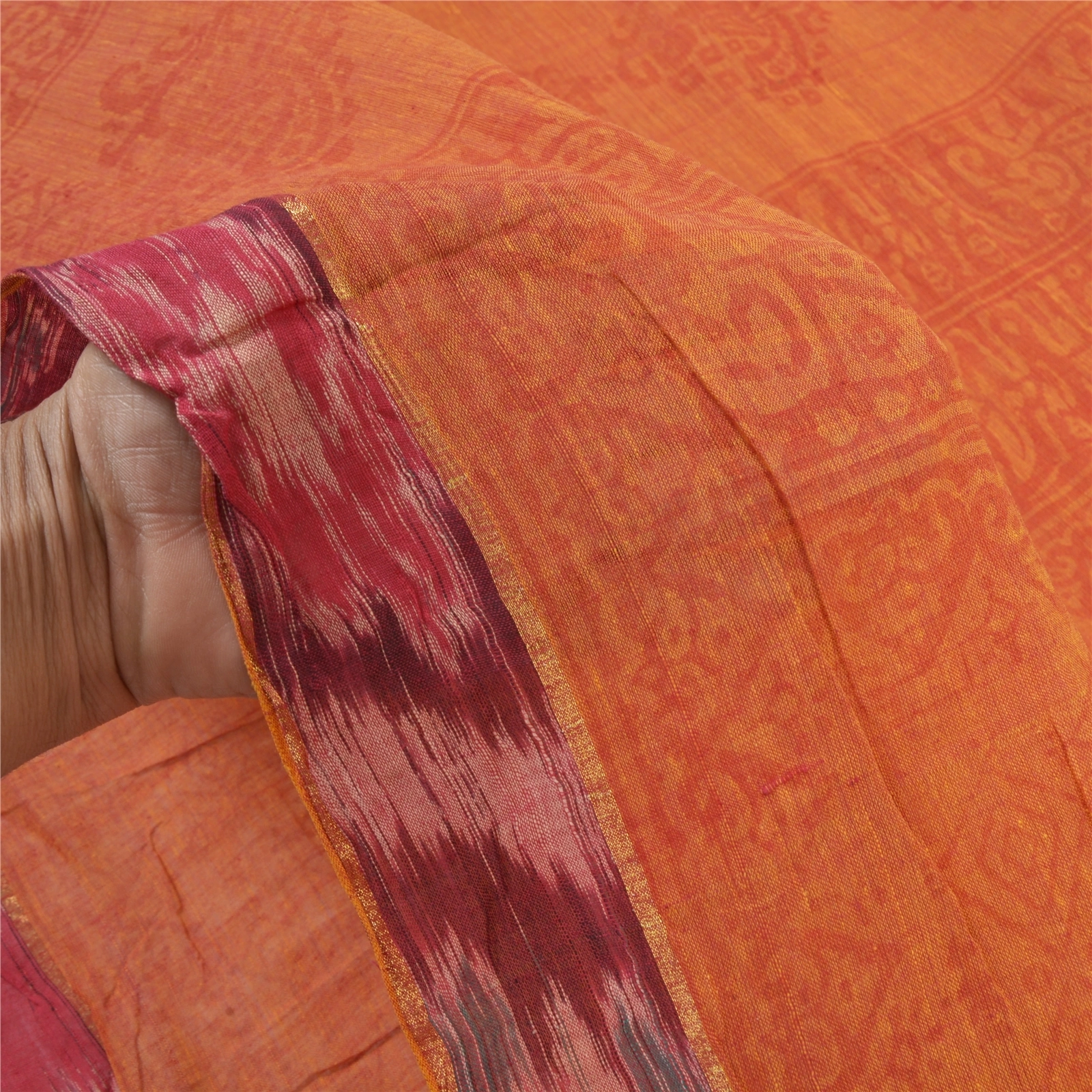 Sanskriti Vintage Sambalpuri Ikat Sarees Handwoven Pure Cotton Sari Fabric, PS-56164-Shade Of Orange-Ikat Work-100% Pure Cotton-4