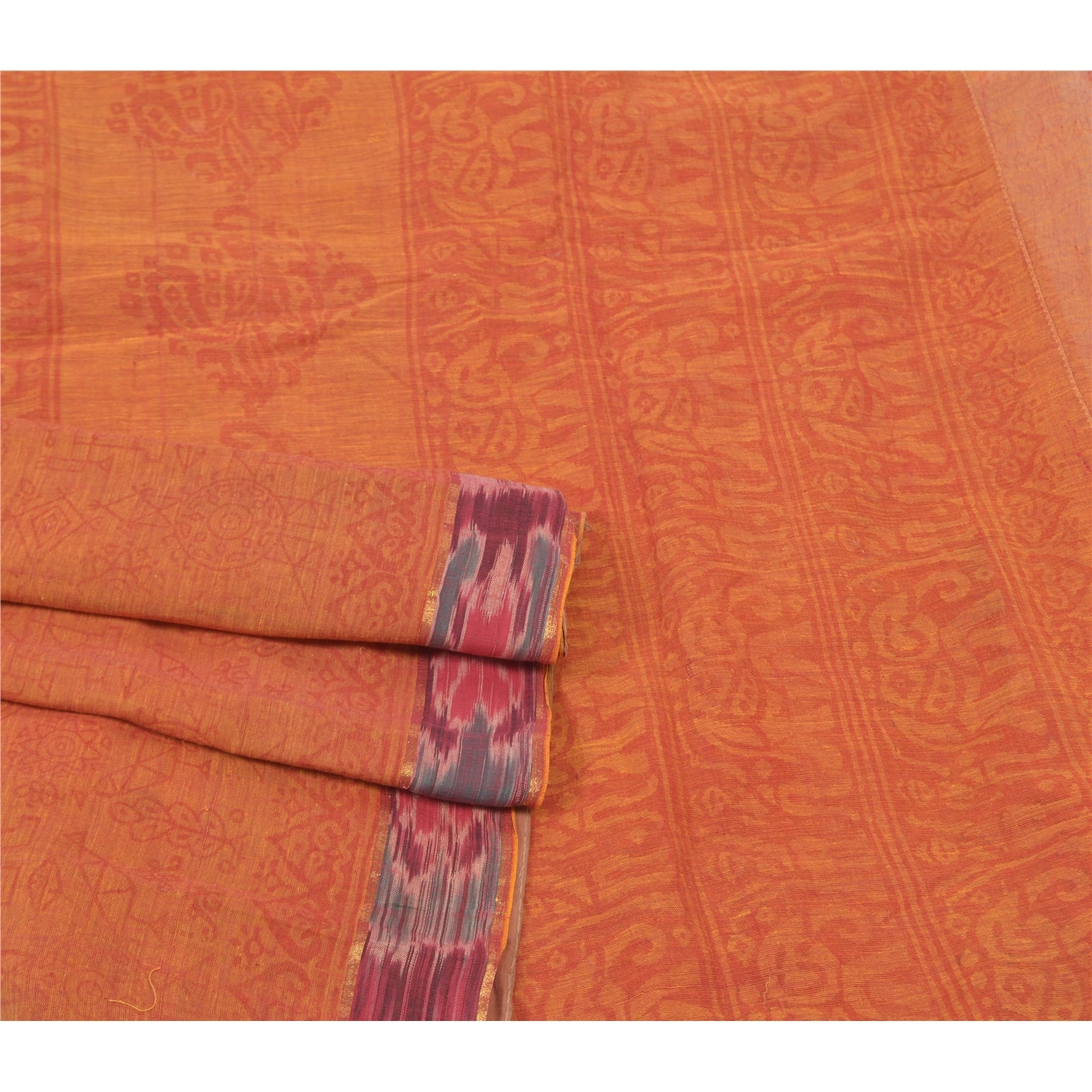 Sanskriti Vintage Sambalpuri Ikat Sarees Handwoven Pure Cotton Sari Fabric, PS-56164-Shade Of Orange-Ikat Work-100% Pure Cotton-7