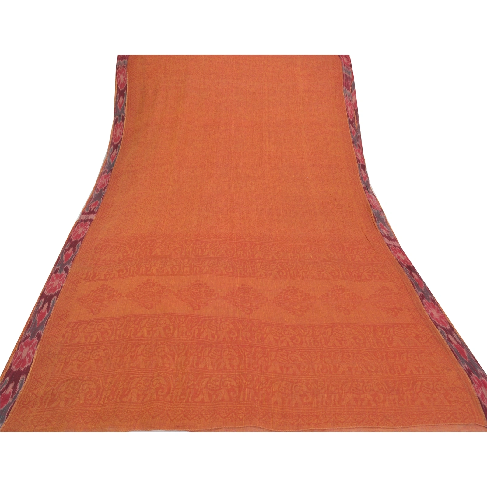 Sanskriti Vintage Sambalpuri Ikat Sarees Handwoven Pure Cotton Sari Fabric, PS-56164-Shade Of Orange-Ikat Work-100% Pure Cotton-8