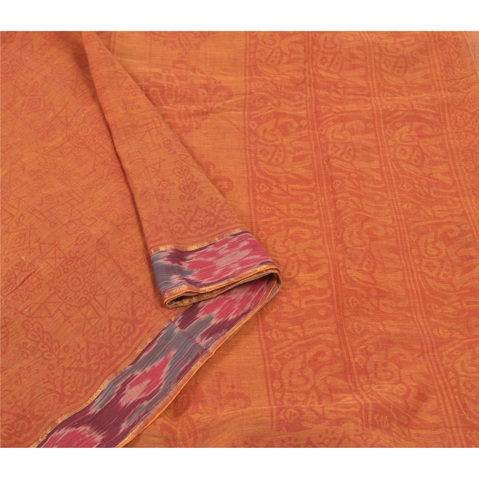 Sanskriti Vintage Sambalpuri Ikat Sarees Handwoven Pure Cotton Sari Fabric, PS-56164-Shade Of Orange-Ikat Work-100% Pure Cotton-9