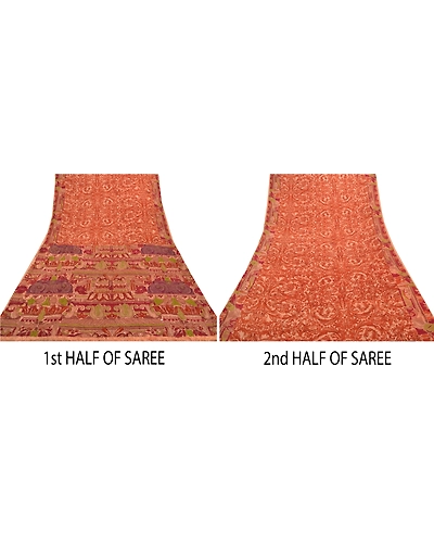 Sanskriti Vintage Brown Sarees Pure Silk Hand Beaded Sari Premium Craft Fabric, PS-56206-Shade Of Brown-Thread Work-100% Pure Silk-5