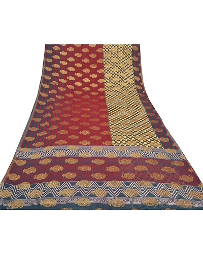 Sanskriti Vintage Bollywood Sarees Blend Georgette Woven/Print Work Sari Fabric, PS-56217-Dark Red-Woven Work-Blend Georgette-8