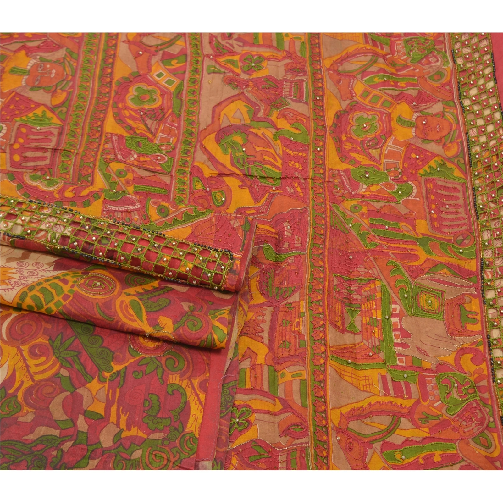 Sanskriti Vintage Red Sarees 100% Pure Silk Hand Beaded Indian Sari Craft Fabric, PS-56218-Red &amp; Cream-Beaded Work-100% Pure Silk-7