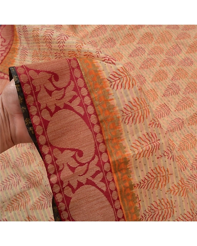 Sanskriti Vintage Cream Sarees Pure Cotton Block Print Premium Craft Sari Fabric, PS-56264-Cream-Block Printed Work-100% Pure Cotton-4