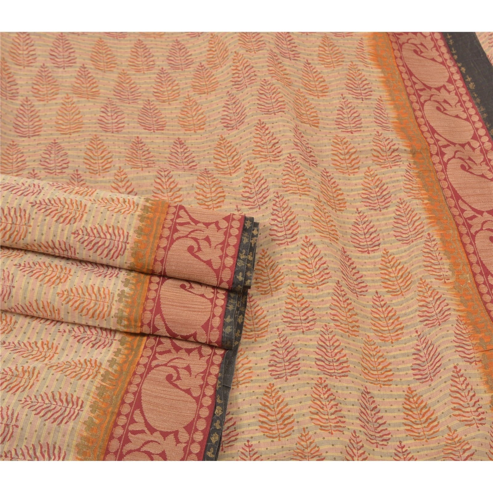 Sanskriti Vintage Cream Sarees Pure Cotton Block Print Premium Craft Sari Fabric, PS-56264-Cream-Block Printed Work-100% Pure Cotton-7