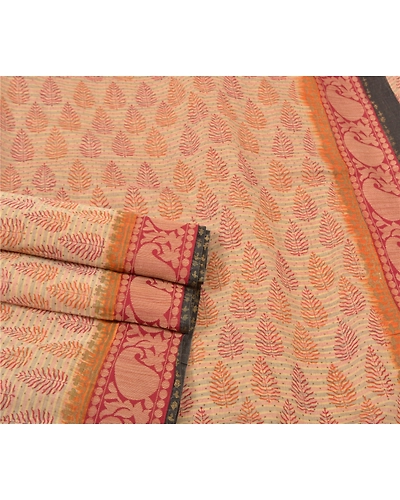 Sanskriti Vintage Cream Sarees Pure Cotton Block Print Premium Craft Sari Fabric, PS-56264-Cream-Block Printed Work-100% Pure Cotton-7