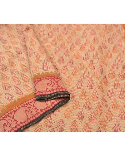 Sanskriti Vintage Cream Sarees Pure Cotton Block Print Premium Craft Sari Fabric, PS-56264-Cream-Block Printed Work-100% Pure Cotton-9