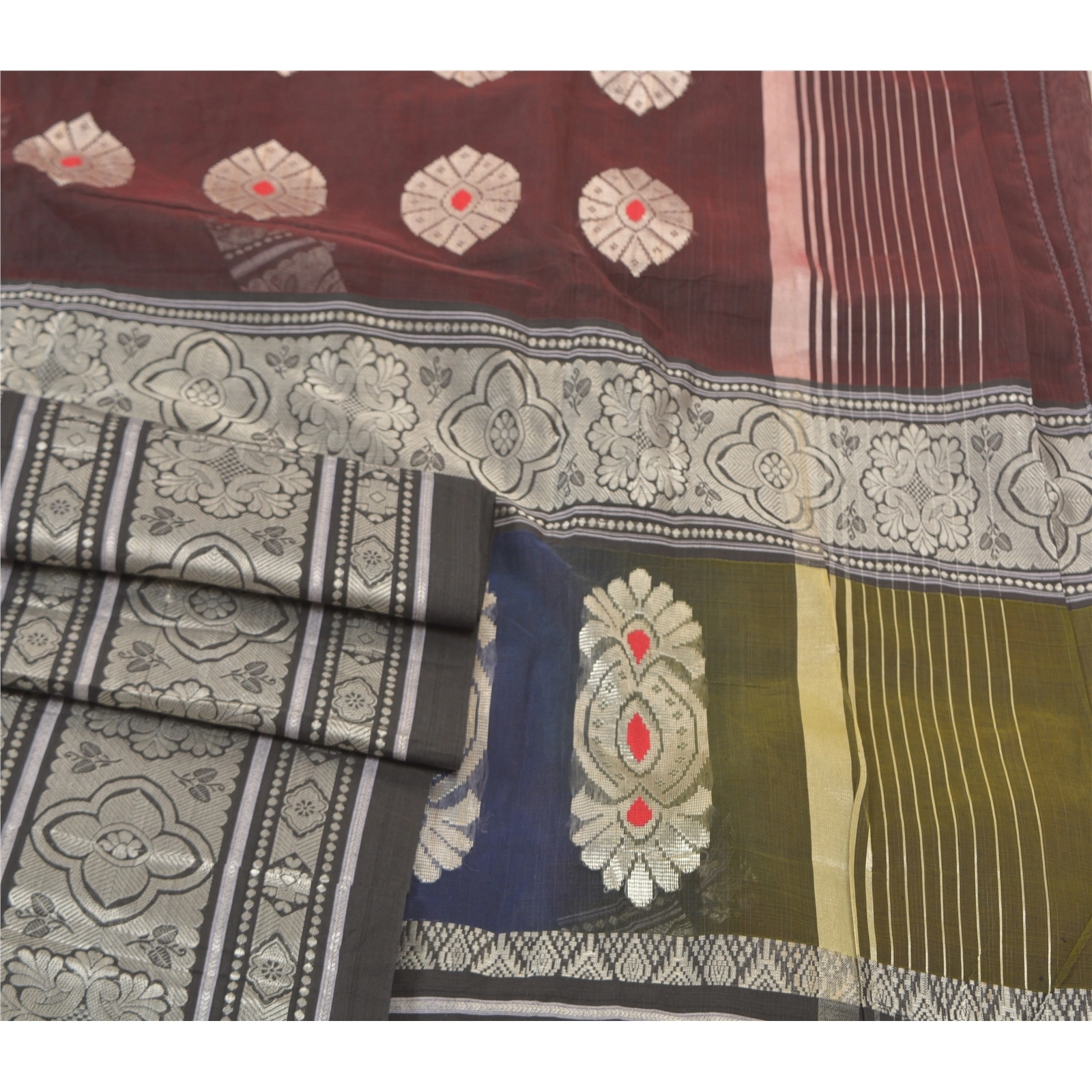 Sanskriti Vintage Sarees Blend Cotton Hand Woven Indian Sari 5 Yard Fabric, PS-56270-Multi Color-Hand Woven Work-Blend Cotton-7