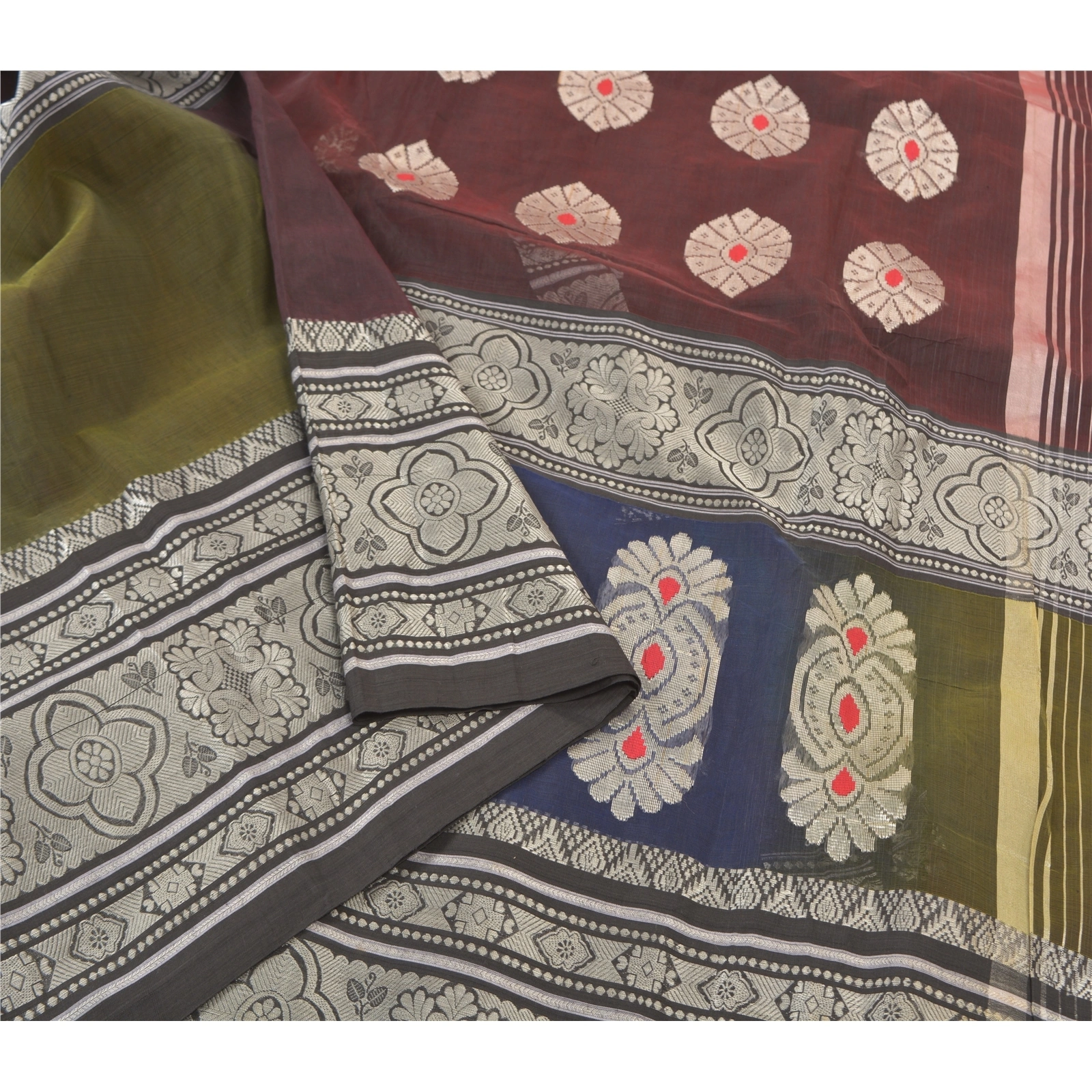 Sanskriti Vintage Sarees Blend Cotton Hand Woven Indian Sari 5 Yard Fabric, PS-56270-Multi Color-Hand Woven Work-Blend Cotton-9