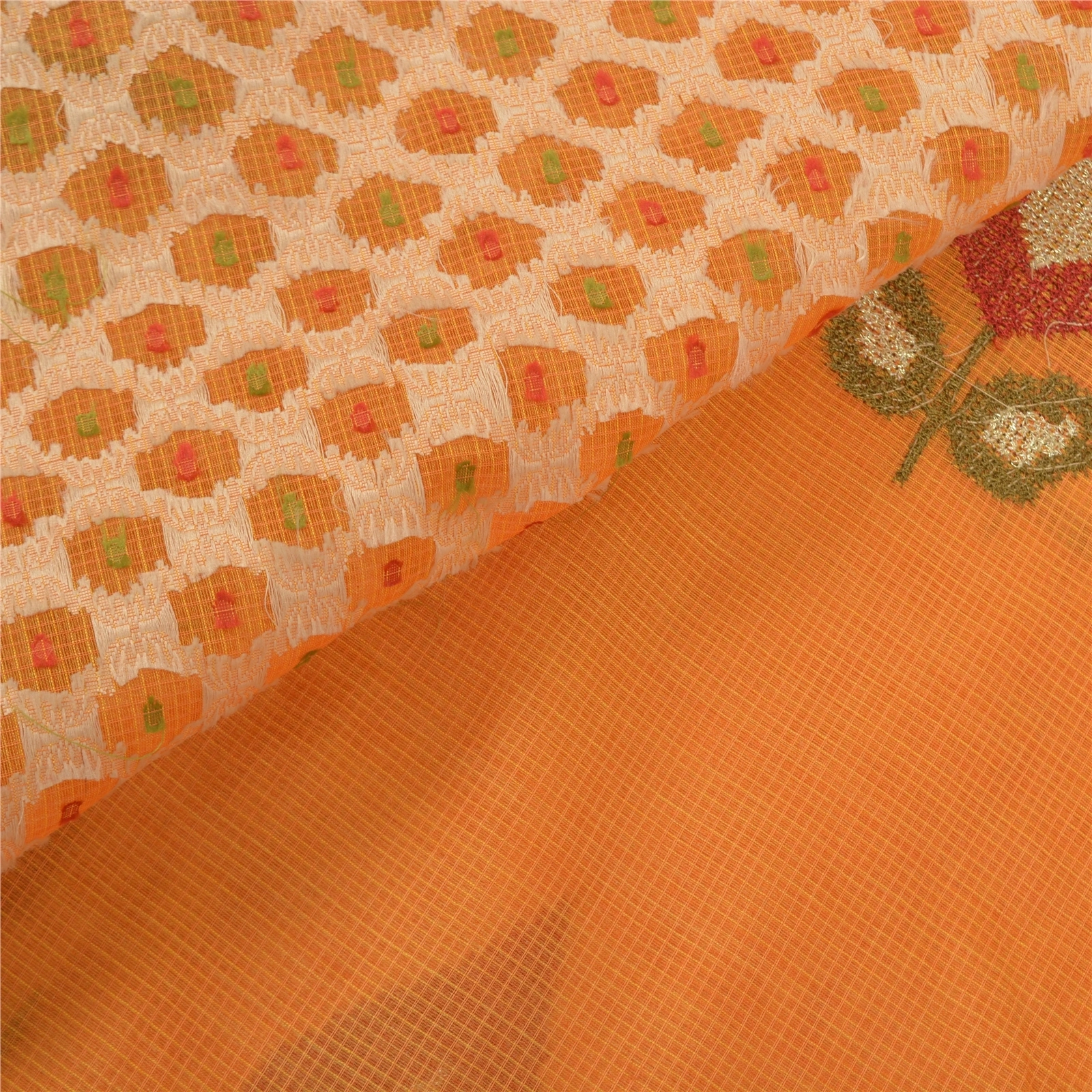 Sanskriti Vintage Sarees Pure Cotton Embroidered &amp; Woven Kota Sari Fabric, PS-56286-Saffron-Thread Work-100% Pure Cotton-2