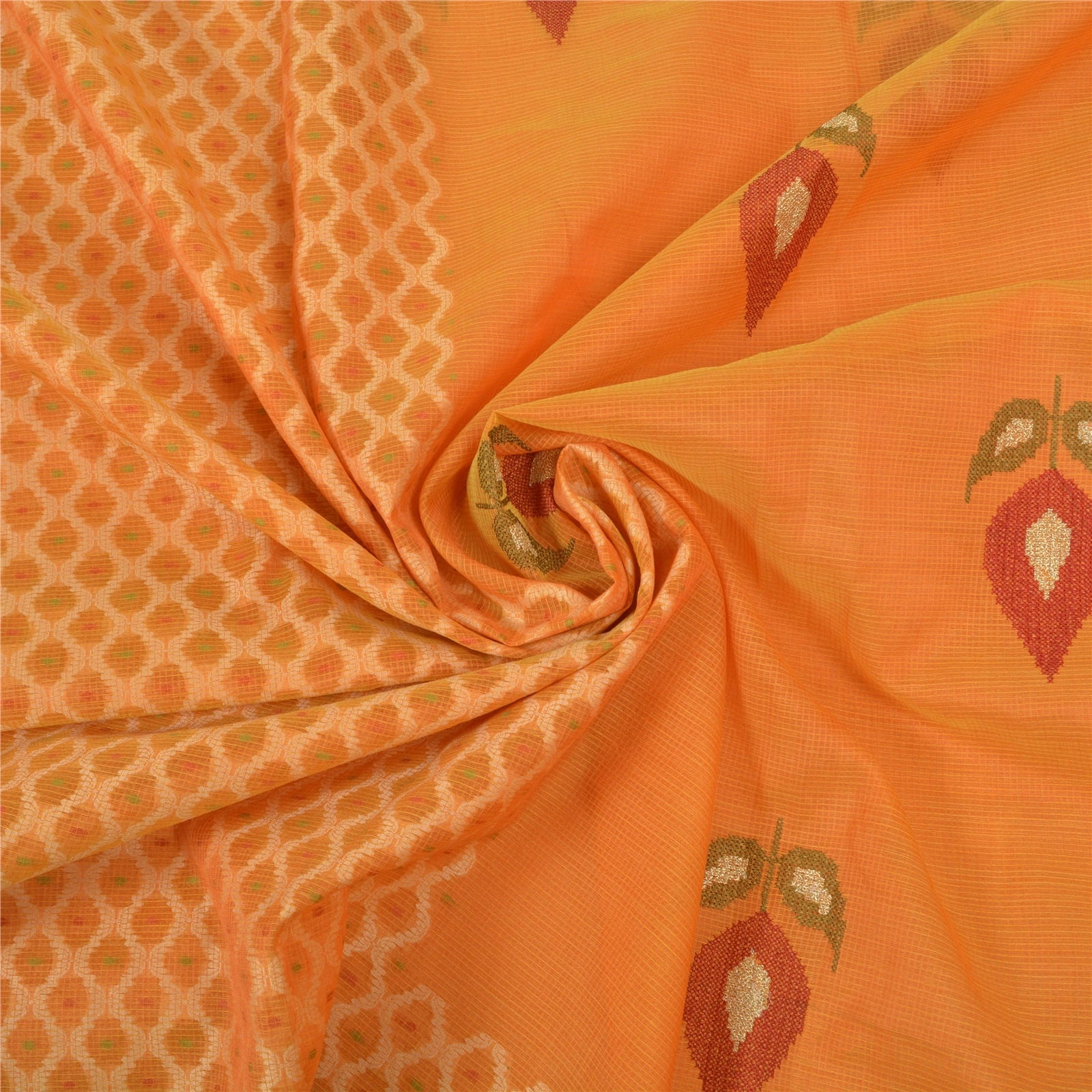 Sanskriti Vintage Sarees Pure Cotton Embroidered &amp; Woven Kota Sari Fabric, PS-56286-Saffron-Thread Work-100% Pure Cotton-6